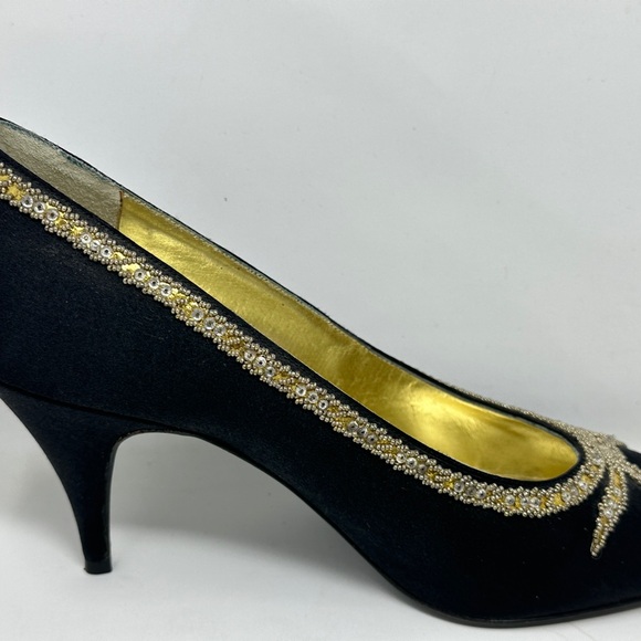 Rene Caovilla Wilkes Bashford Italy  Pump Heels Black Gold Satin Crystal Size 8 - Picture 5 of 14